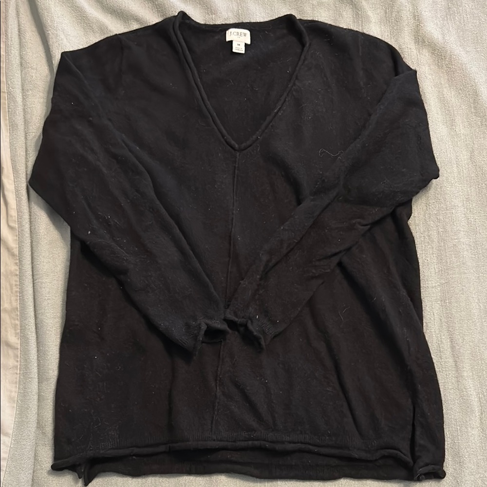 J. Crew Factory Black V-Neck Sweater with Ribbed Hem